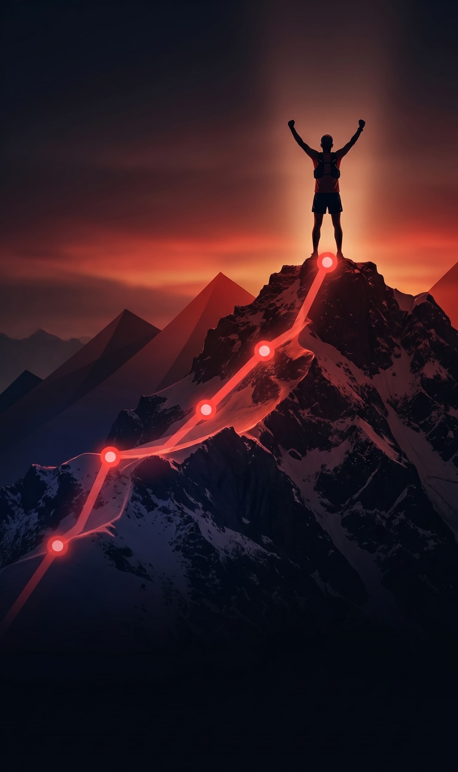 Athlete at mountain summit with glowing cardiogram trail — Underdog heart rate zone training